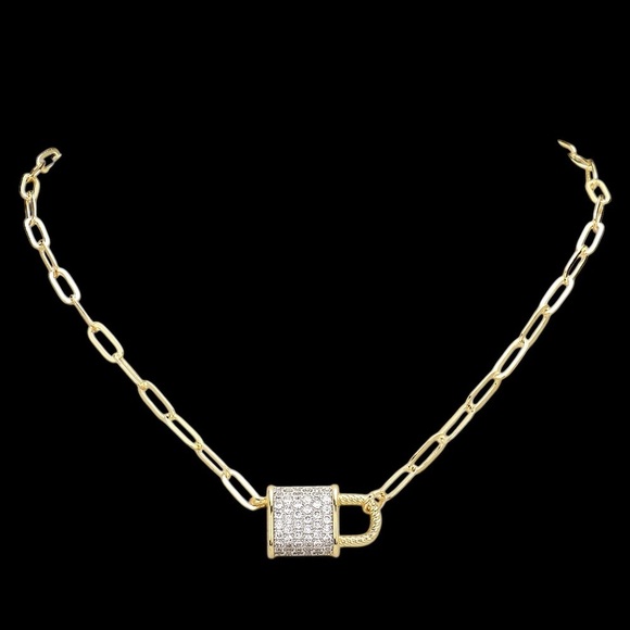 Pave Lock Pendant & Gold Link Necklace. - Picture 1 of 7